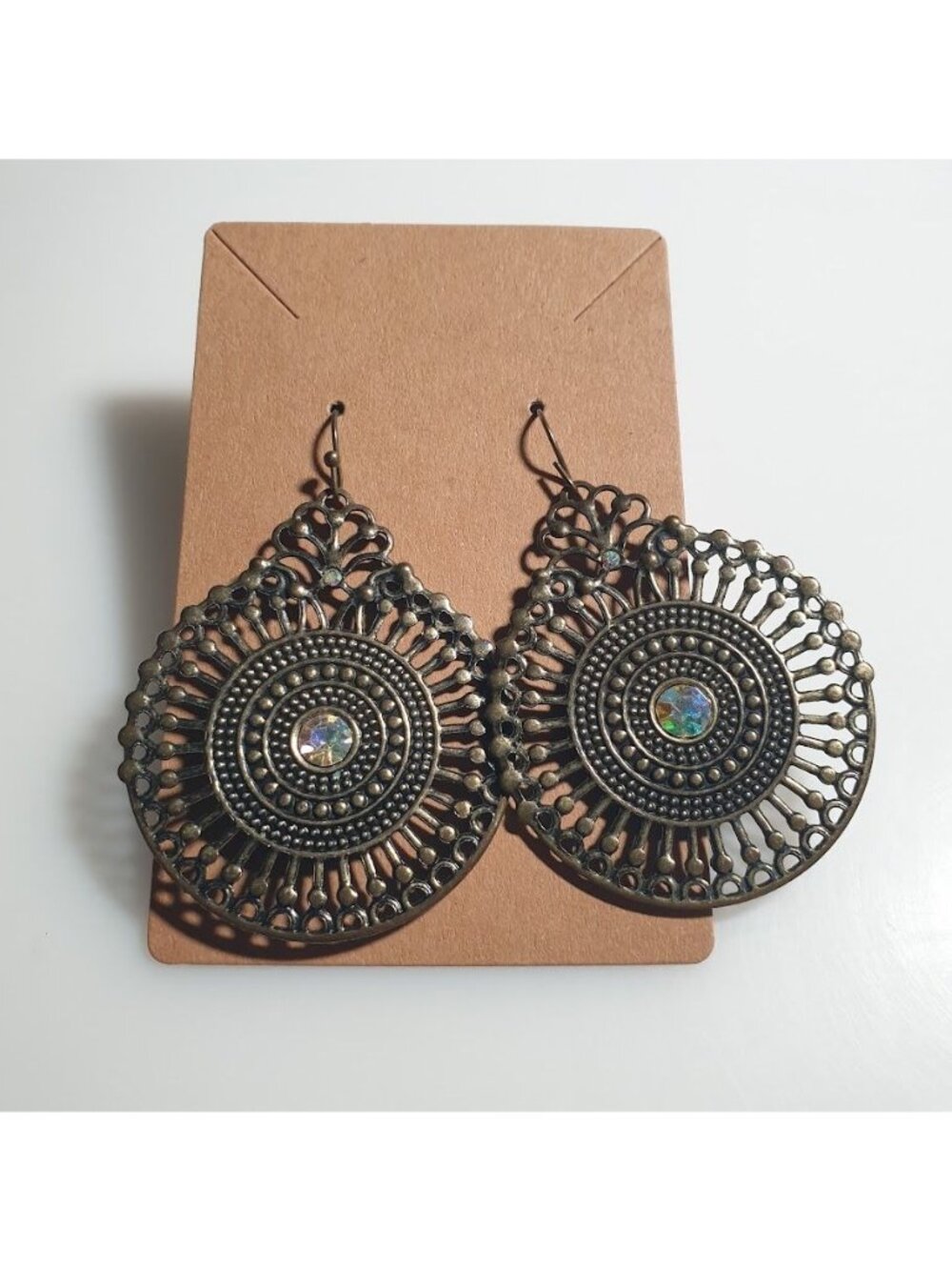 Gold Tone Filigree Earrings Crystal Accent 2.5 In Dangle Lightweight Round Boho
